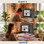 Comparatif avant après de la posture cervicale avec le réhausseur et support écran pc CosyGlow Pro.