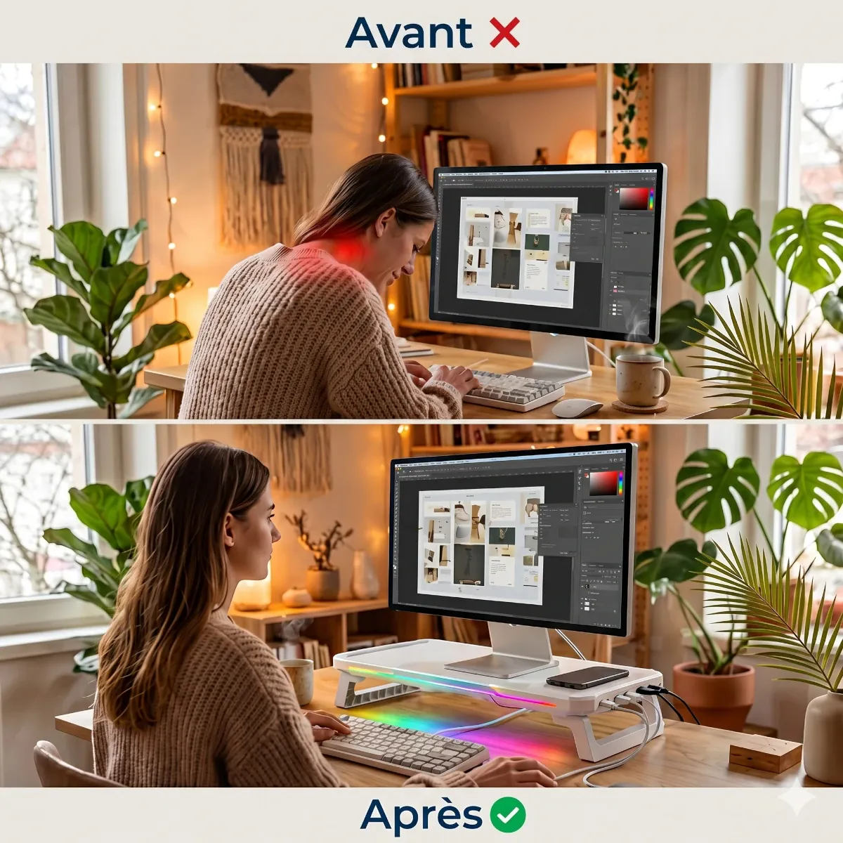 Comparatif avant après de la posture cervicale avec le réhausseur et support écran pc CosyGlow Pro.