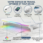 Infographie des fonctionnalités de recharge et d'organisation du support écran pc CosyGlow Pro.
