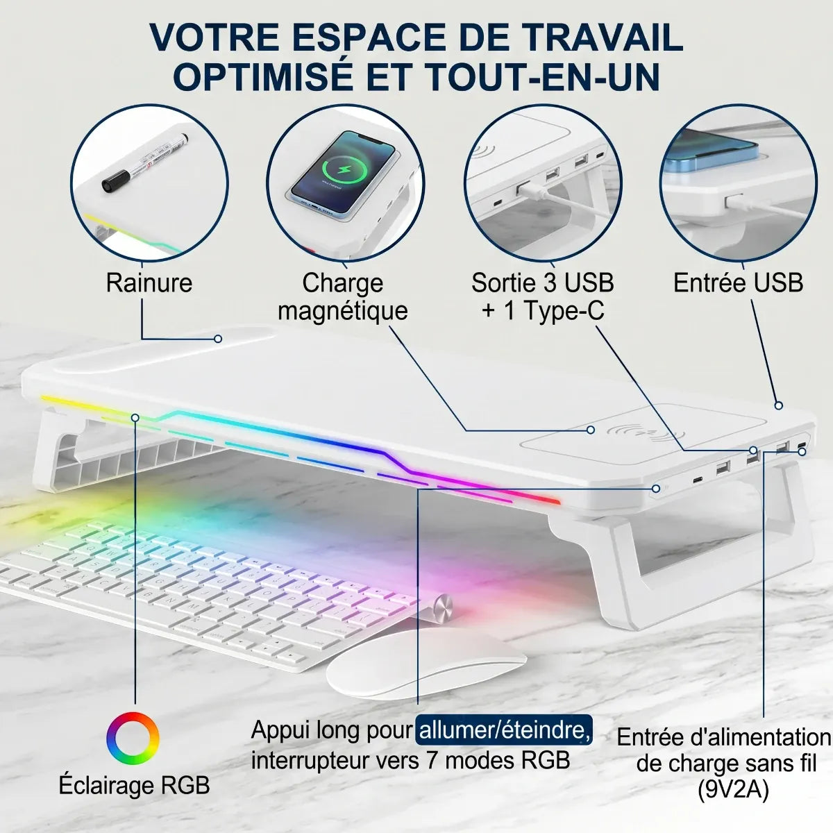 Infographie des fonctionnalités de recharge et d'organisation du support écran pc CosyGlow Pro.