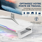 Zoom sur le hub USB multi-interface et la connectique du support écran bureau CosyGlow Pro.