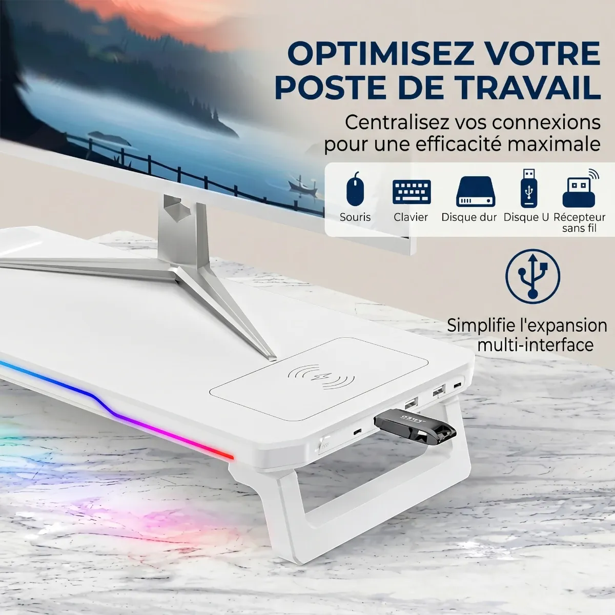 Zoom sur le hub USB multi-interface et la connectique du support écran bureau CosyGlow Pro.