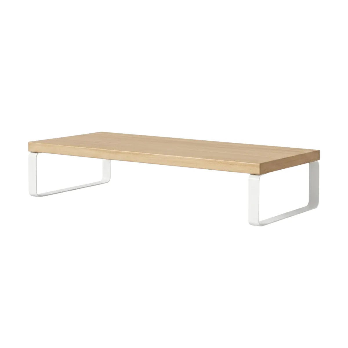 Support écran PC Kora avec plateau en bois et pieds en acier blanc de face