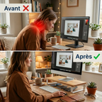 Comparaison de la posture au bureau avant et après l'utilisation du support écran PC Kora