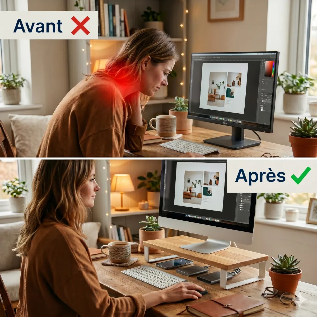 Comparaison de la posture au bureau avant et après l'utilisation du support écran PC Kora