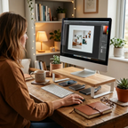 Femme travaillant dans une posture ergonomique avec le support écran PC Kora sur son bureau