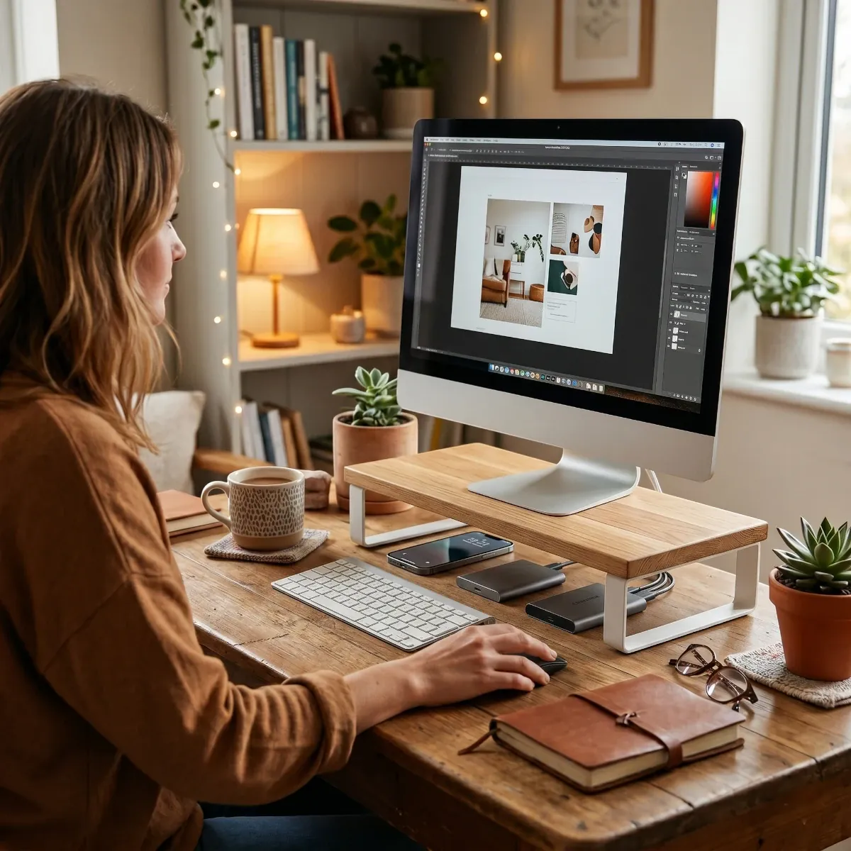 Femme travaillant dans une posture ergonomique avec le support écran PC Kora sur son bureau
