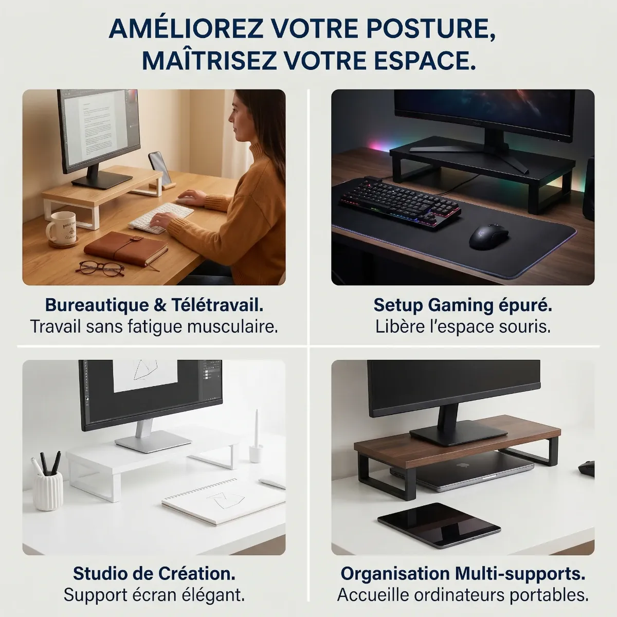 Les 4 cas d'utilisation du support écran PC Kora : bureautique, gaming, création et multi-supports