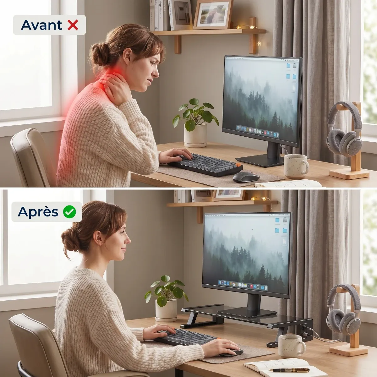 Comparaison avant après de la posture ergonomique avec le support écran PC VisionHub