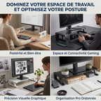 Différentes utilisations du support écran PC VisionHub pour gaming, graphisme et bureautique