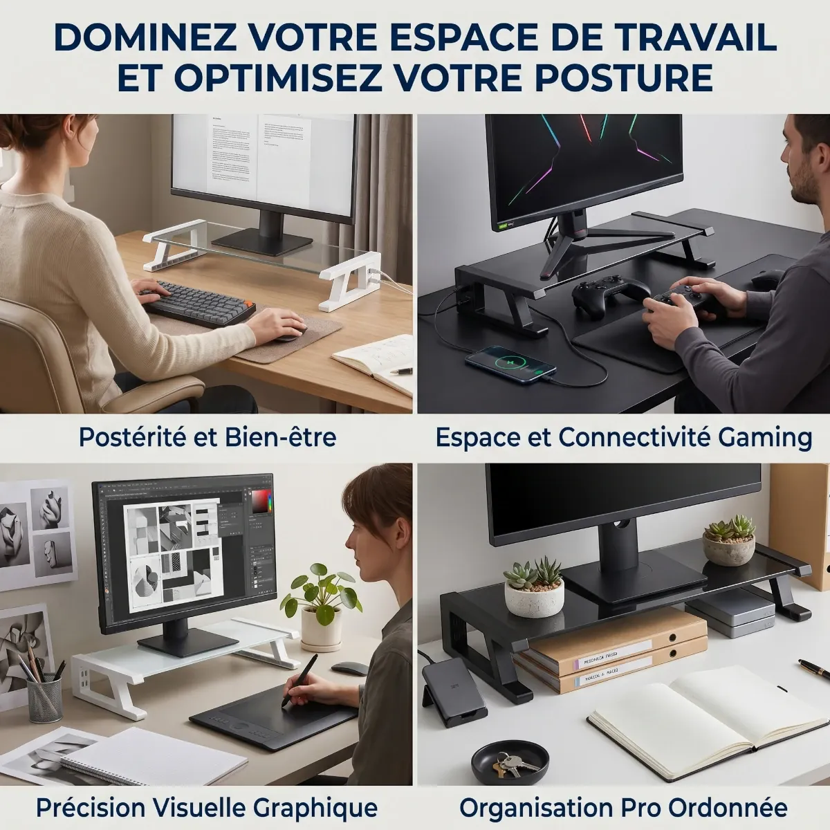Différentes utilisations du support écran PC VisionHub pour gaming, graphisme et bureautique