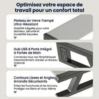 Détails des finitions lisses et du plateau en verre trempé du support écran PC VisionHub