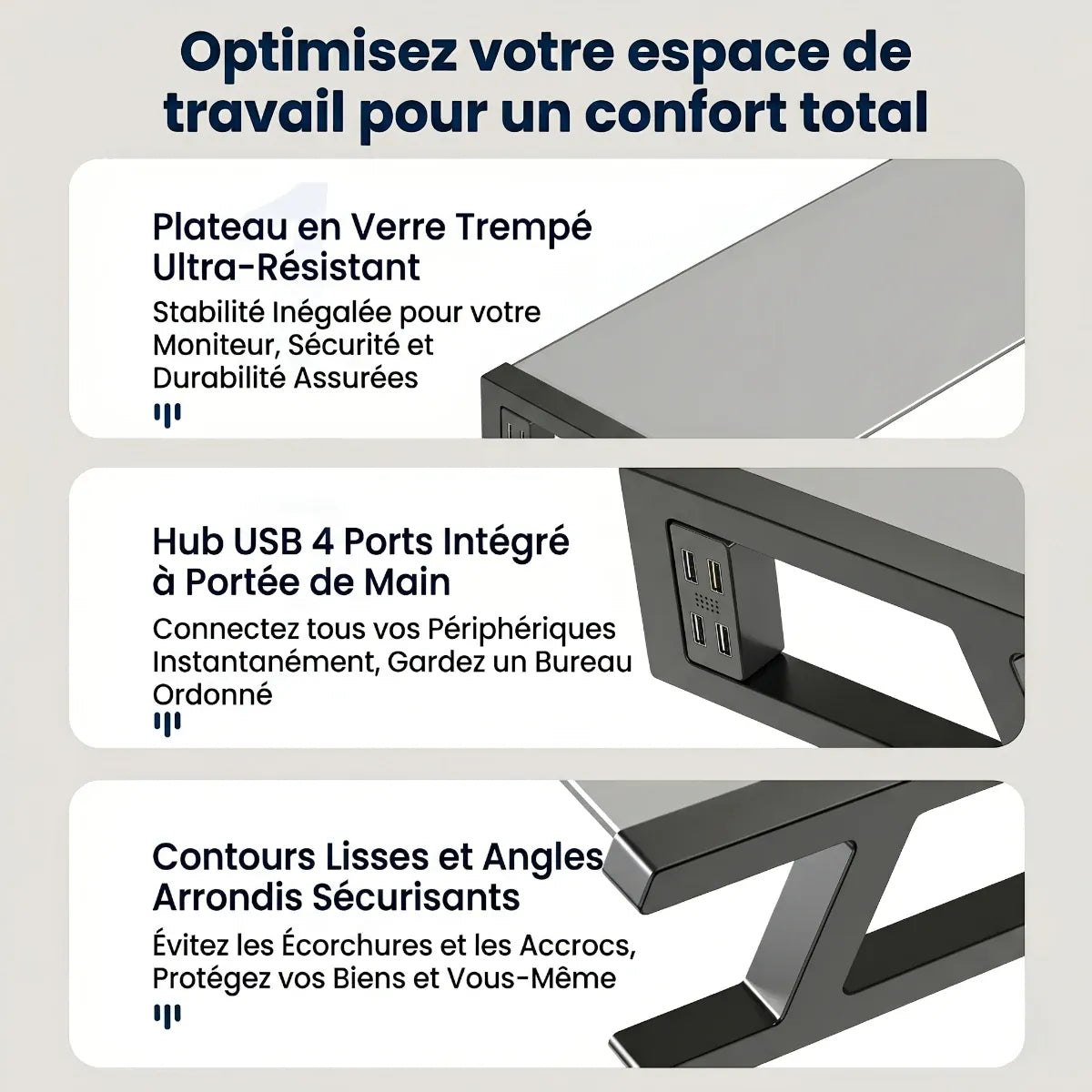 Détails des finitions lisses et du plateau en verre trempé du support écran PC VisionHub