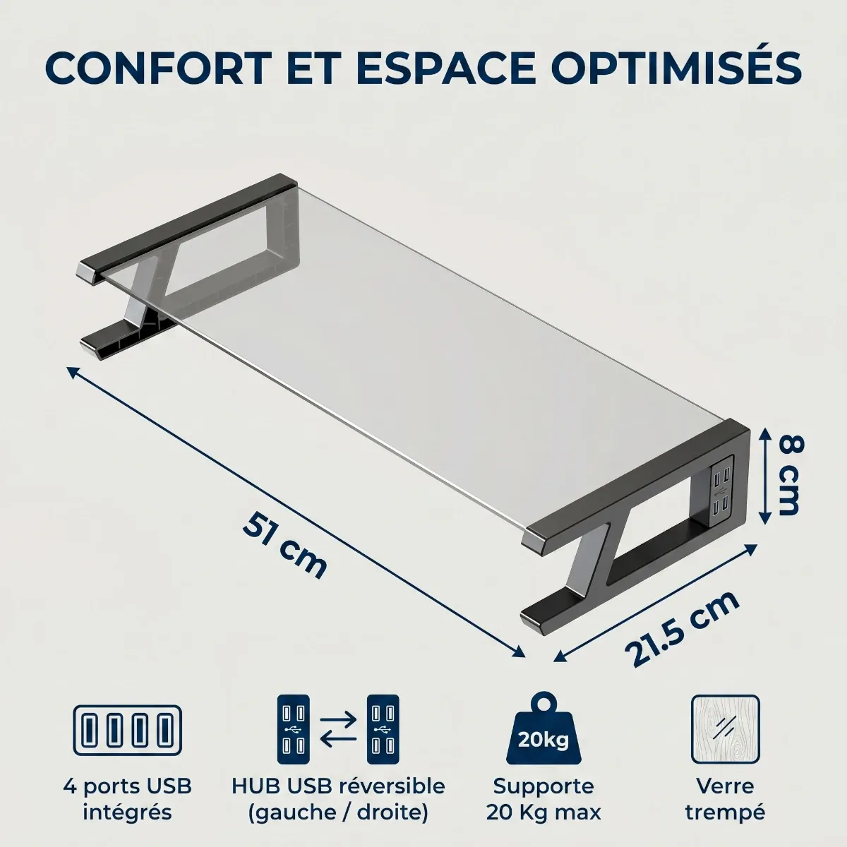 Dimensions détaillées du support écran PC VisionHub avec hub USB