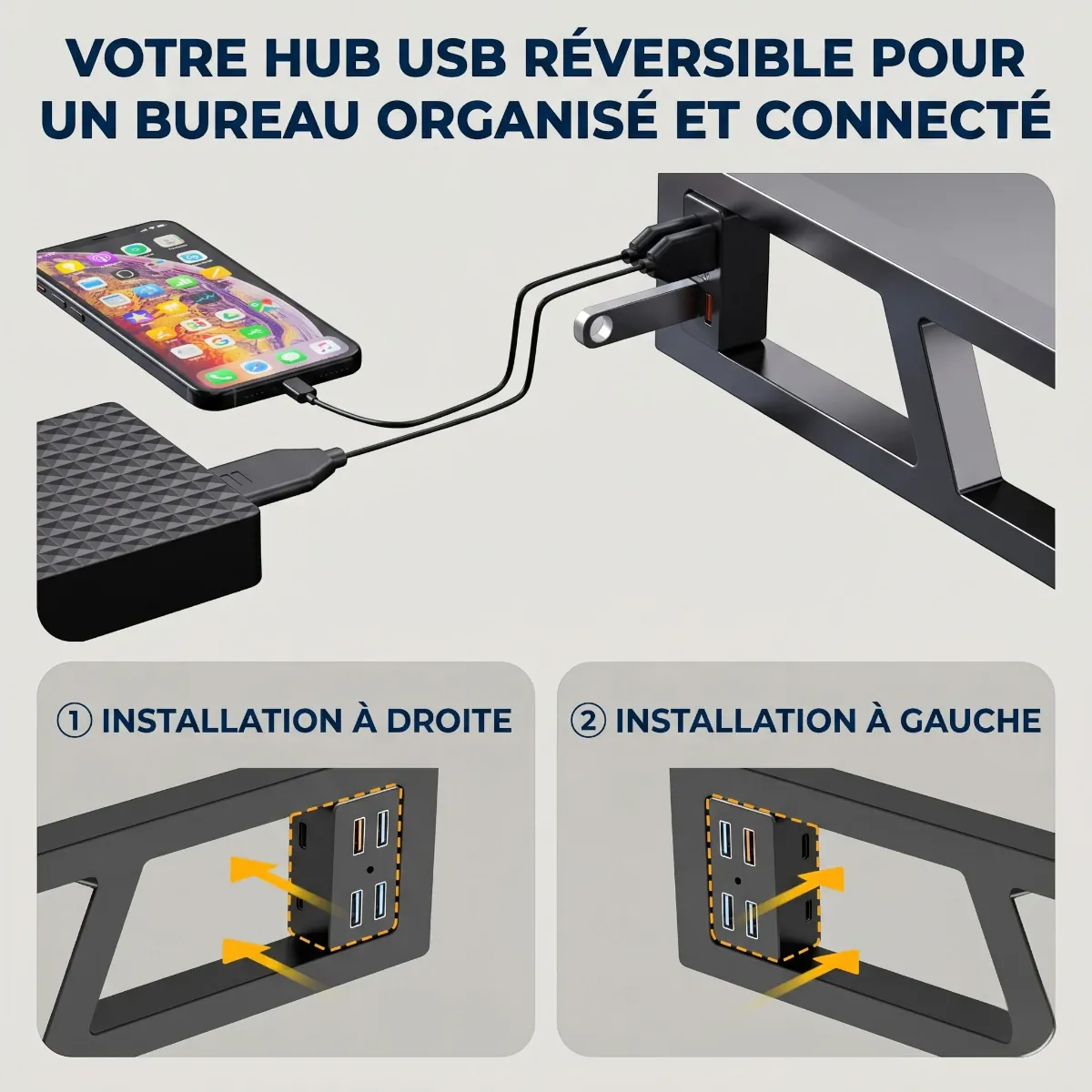 Détail du Hub USB réversible à 4 ports du support écran PC VisionHub