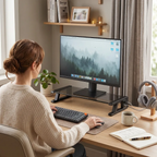 Femme travaillant confortablement sur un bureau organisé avec le support écran PC VisionHub