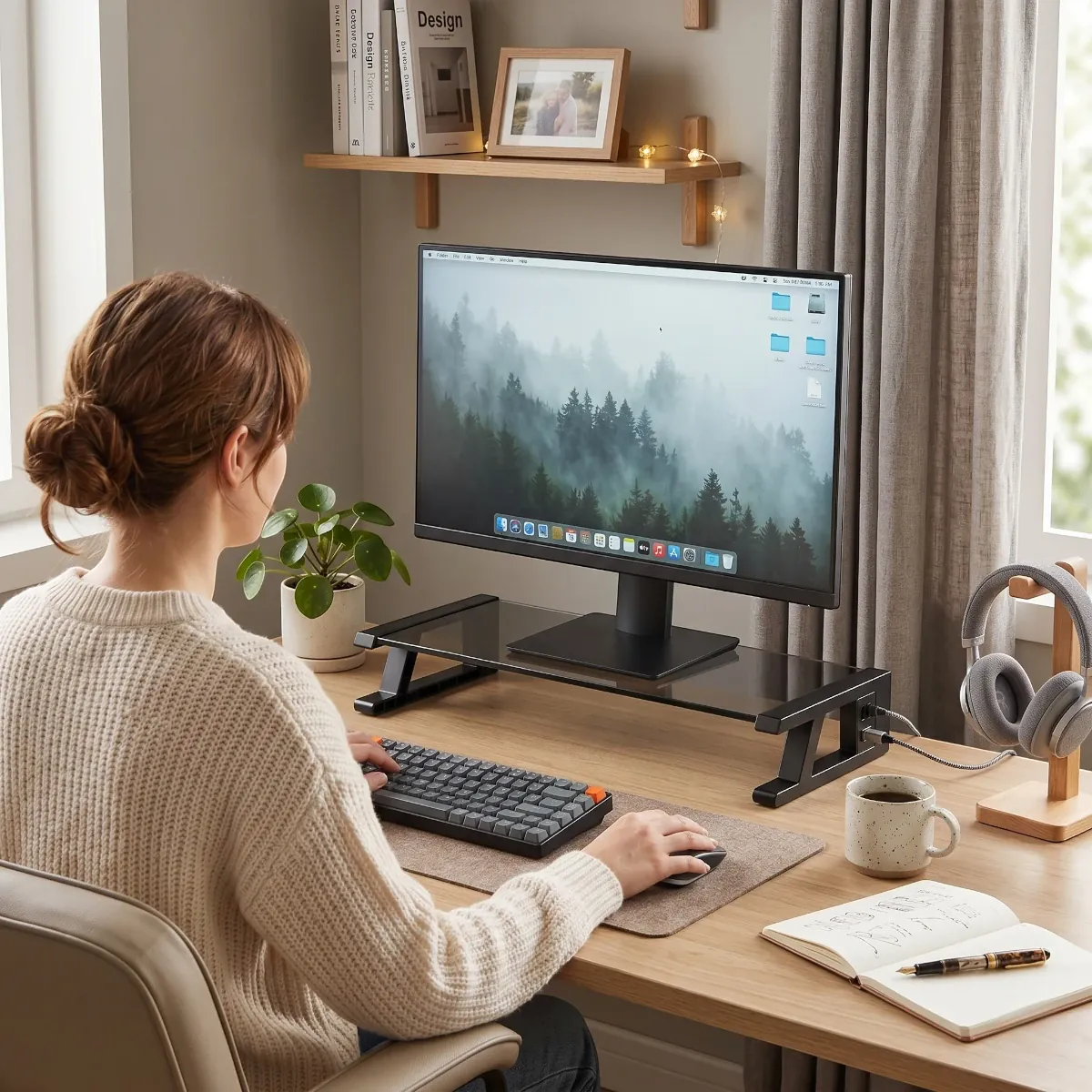 Femme travaillant confortablement sur un bureau organisé avec le support écran PC VisionHub