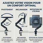 Support écran PC ZenMotion Pro montrant la rotation à 360°, l'inclinaison et le pivotement dynamique du moniteur.