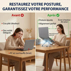 Image comparative avant après illustrant la correction de la posture et de l'alignement du dos grâce au support ergonomique AeroSteel Pro de Bureau Cosy.