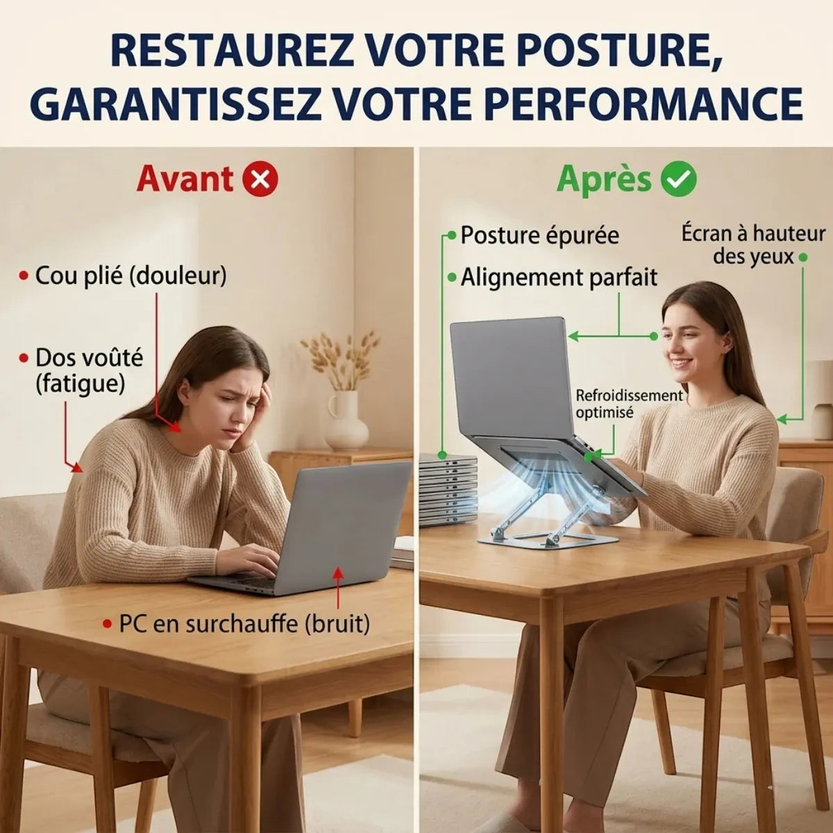 Image comparative avant après illustrant la correction de la posture et de l'alignement du dos grâce au support ergonomique AeroSteel Pro de Bureau Cosy.
