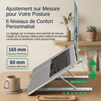 Support ergonomique incliné AeroRise présentant ses 6 paliers de hauteur ajustables de 60 mm à 165 mm pour soulager les cervicales.