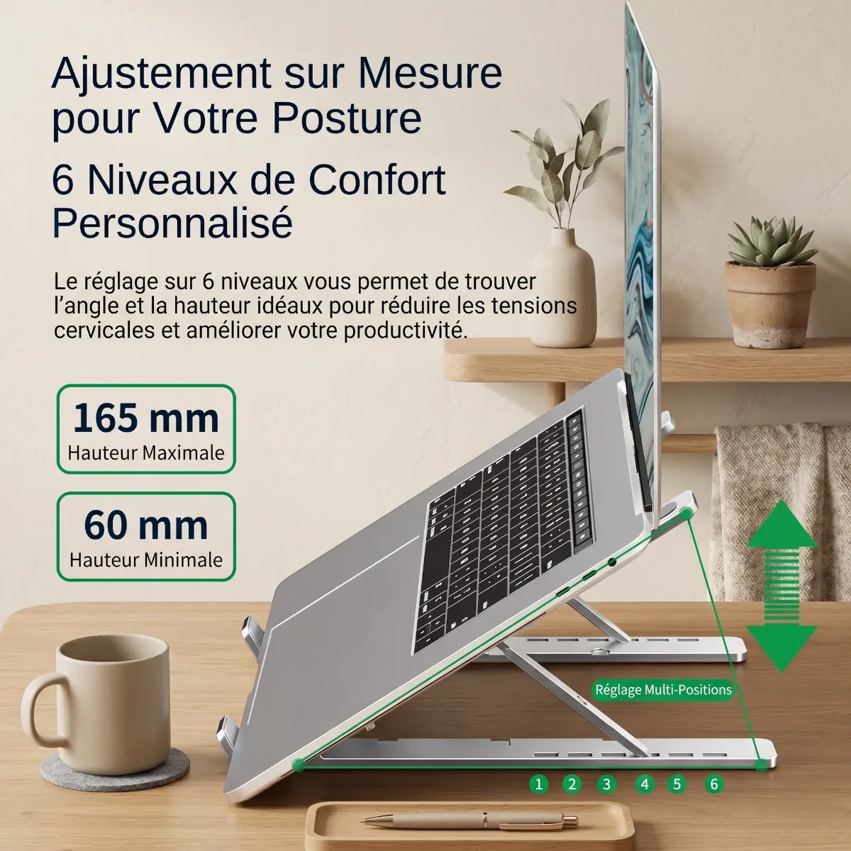 Support ergonomique incliné AeroRise présentant ses 6 paliers de hauteur ajustables de 60 mm à 165 mm pour soulager les cervicales.