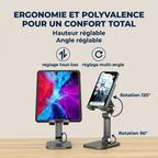 Schéma technique du support ergonomique orientable ApexFlex Pro démontrant la fluidité de ses réglages de hauteur et son inclinaison à 120 degrés.