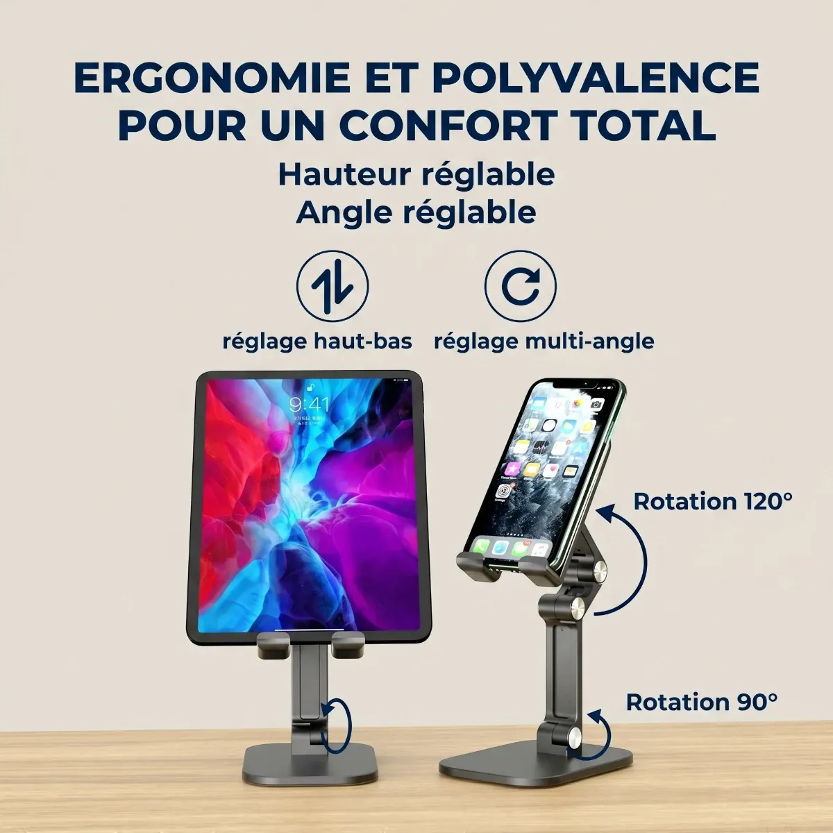 Schéma technique du support ergonomique orientable ApexFlex Pro démontrant la fluidité de ses réglages de hauteur et son inclinaison à 120 degrés.