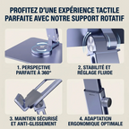 Détails du support ergonomique orientable Motion360 avec réglage fluide, rotation et maintien antidérapant en silicone.
