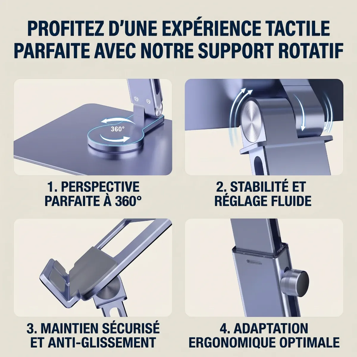 Détails du support ergonomique orientable Motion360 avec réglage fluide, rotation et maintien antidérapant en silicone.
