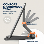 Support ergonomique orientable TabFlex Pro avec double axe 180° pour un angle de vue visuel parfait.