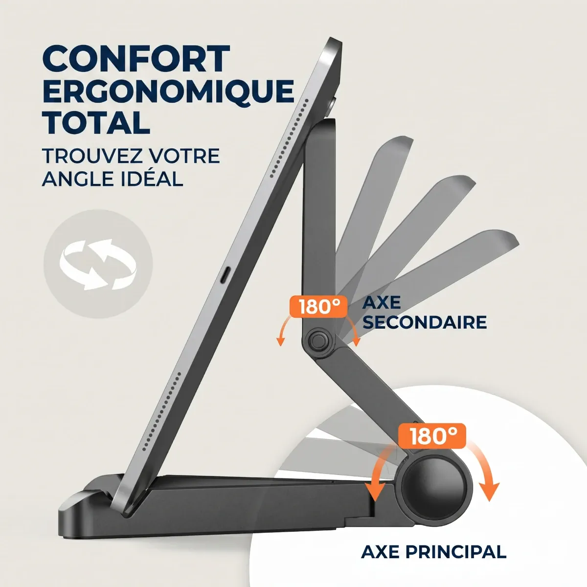 Support ergonomique orientable TabFlex Pro avec double axe 180° pour un angle de vue visuel parfait.