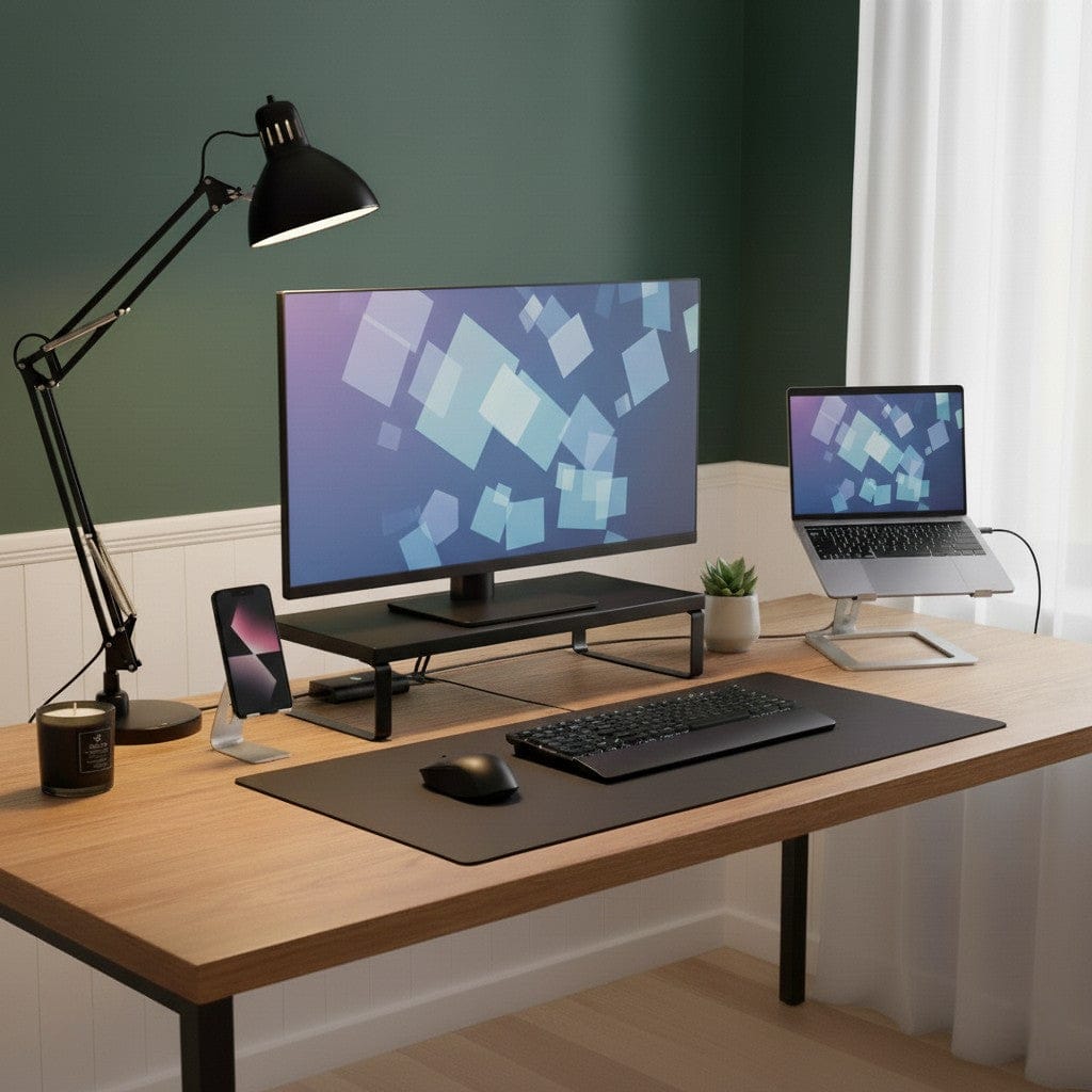 Bureau avec support rehausseur pour moniteur noir, support pour ordinateur portable en aluminium, lampe articulée et tapis de souris sur setup ergonomique organisé
