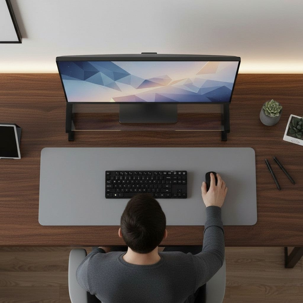 Vue aérienne utilisateur travaillant sur écran ultra-wide incurvé surélevé avec support, tapis souris XXL gris, clavier et souris, poste ergonomique optimal