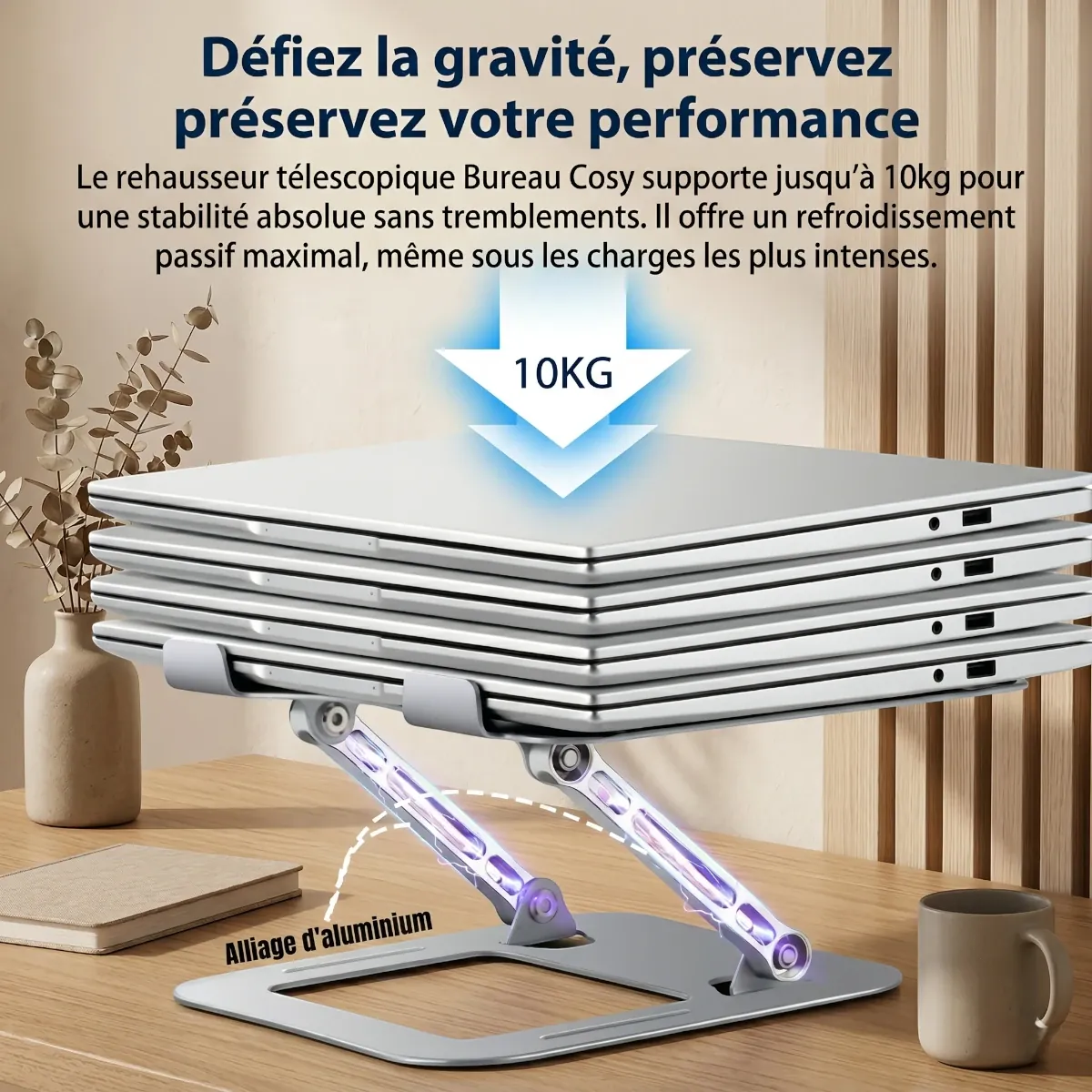 Infographie démontrant la haute résistance du support pour ordinateur portable AeroSteel Pro de Bureau Cosy supportant une charge maximale de 10kg.