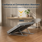 Support ordinateur portable AeroRise démontrant sa stabilité et sa résistance structurelle jusqu'à 40 kg sur un bureau en chêne.