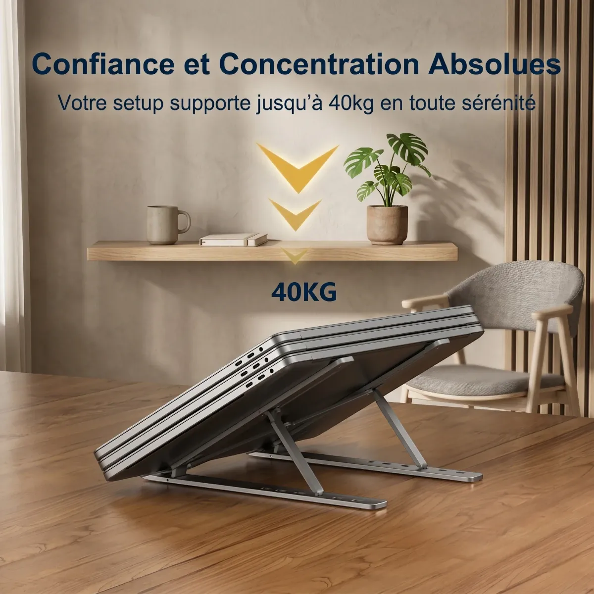 Support ordinateur portable AeroRise démontrant sa stabilité et sa résistance structurelle jusqu'à 40 kg sur un bureau en chêne.
