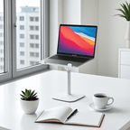 Support Ordinateur Portable Blanc Télescopique - Hauteur 30-55 cm, Inclinaison 0-55°, Alliage d’Aluminium Premium