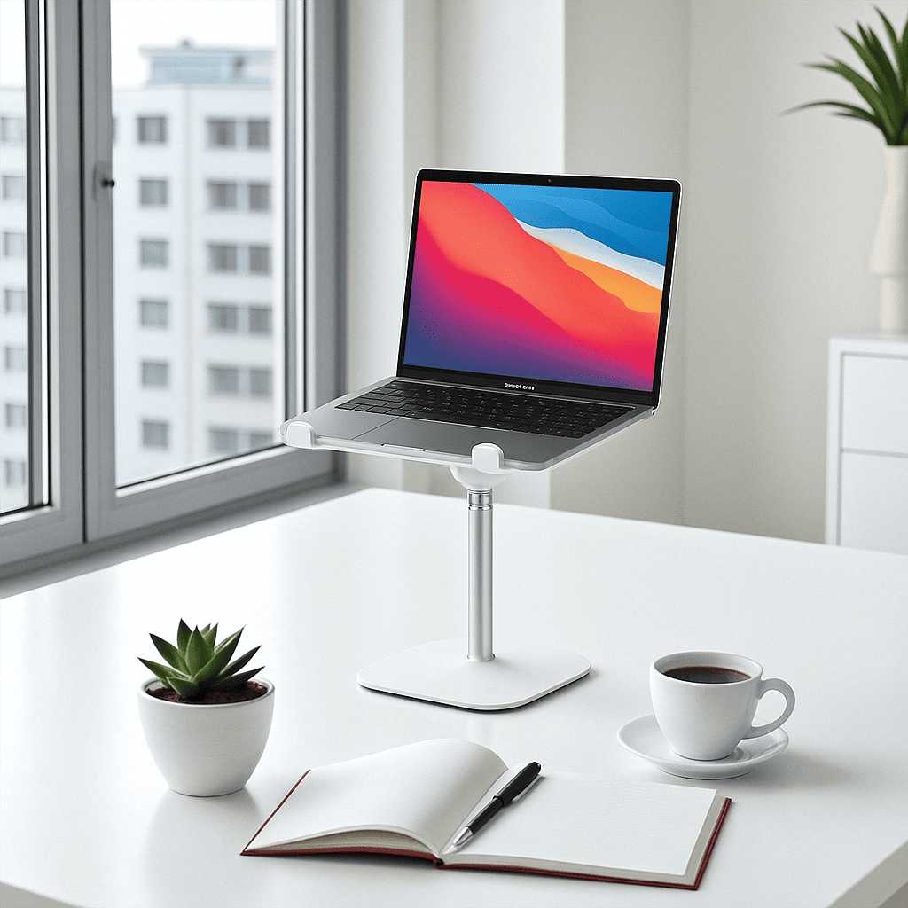 Support Ordinateur Portable Blanc Télescopique - Hauteur 30-55 cm, Inclinaison 0-55°, Alliage d’Aluminium Premium