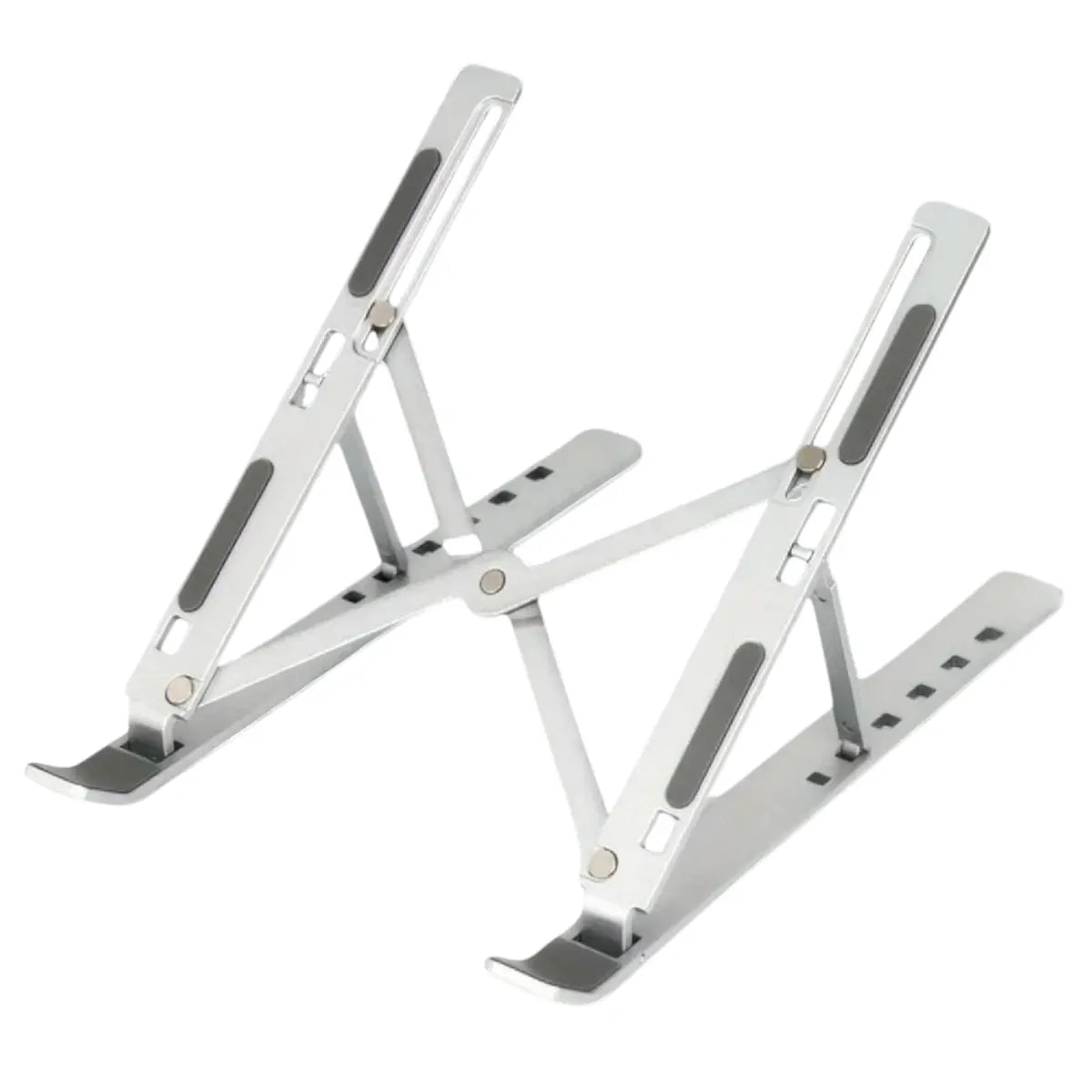 Socle PC et support ordinateur portable AeroRise en aluminium gris argenté, incliné et entièrement déplié.