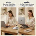 Image comparative avant après montrant la correction de la posture et le redressement du dos grâce au support PC portable AeroRise.