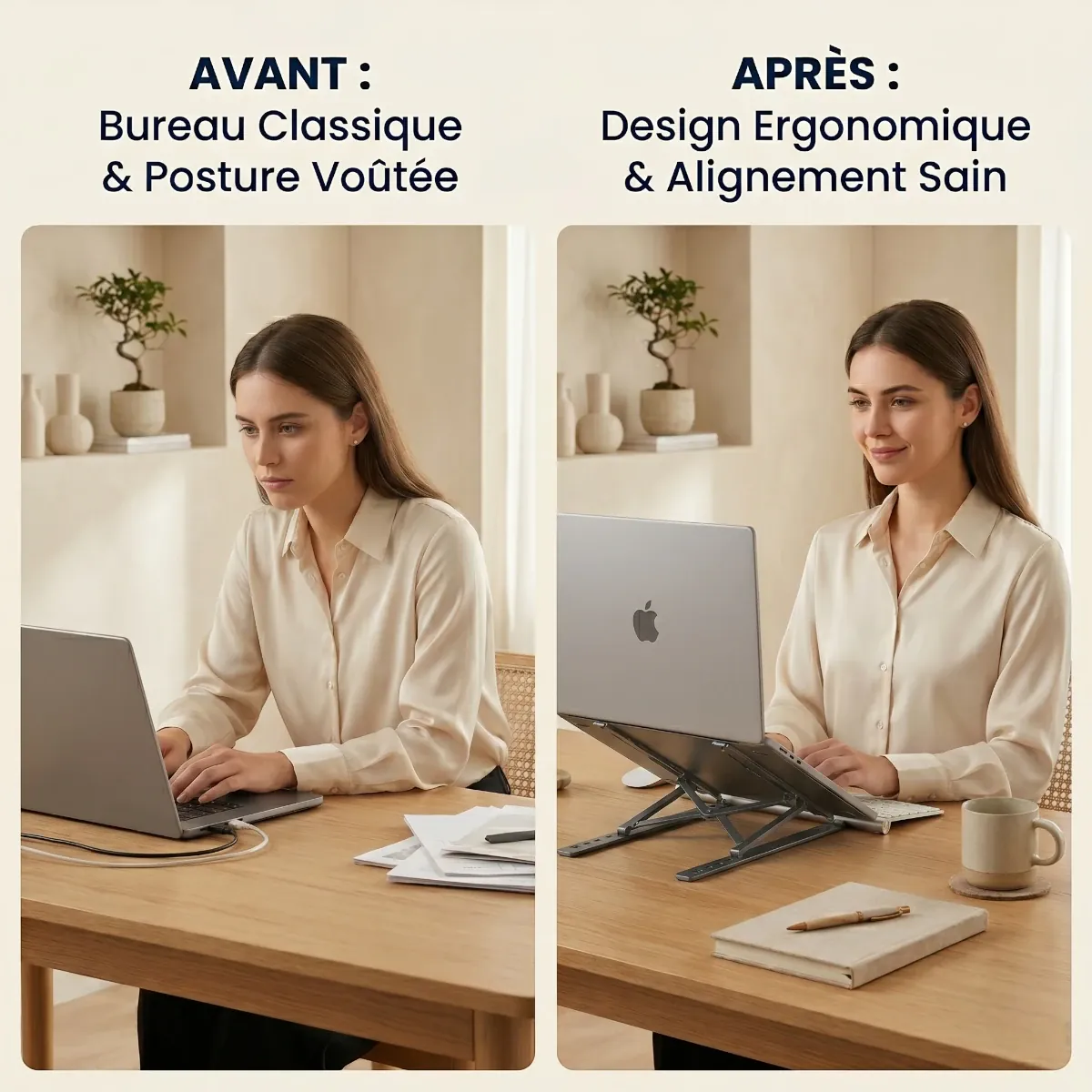 Image comparative avant après montrant la correction de la posture et le redressement du dos grâce au support PC portable AeroRise.