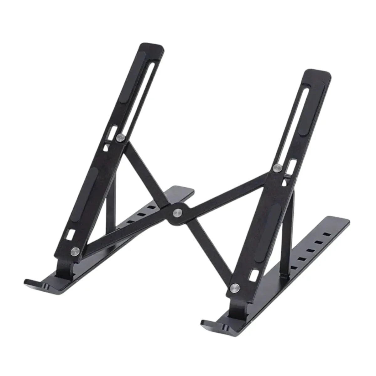 Support PC portable AeroRise en aluminium anodisé noir, modèle pliable pour un setup de bureau minimaliste.
