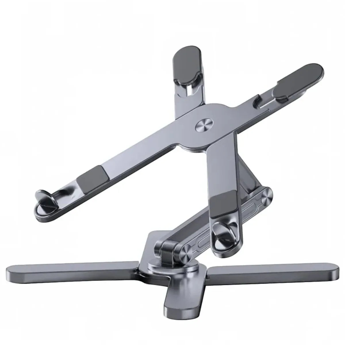 Support PC portable AeroAxis 360 de couleur gris sidéral isolé de face, montrant la structure articulée en alliage d'aluminium.