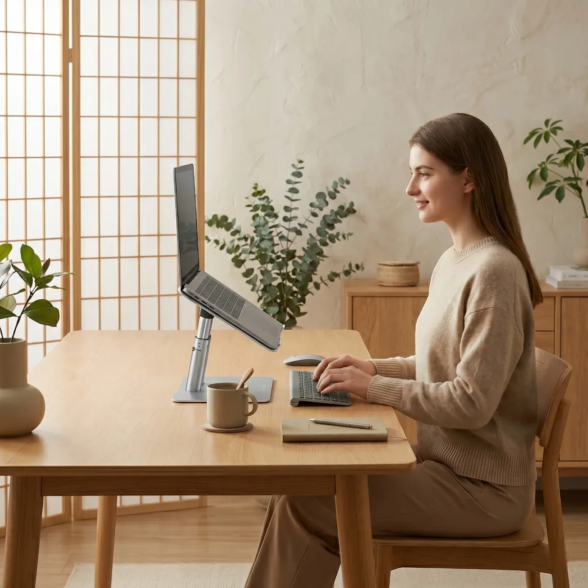 Femme installée avec une posture droite et saine grâce au support PC portable Bureau Cosy dans un espace de travail au design Japandi.