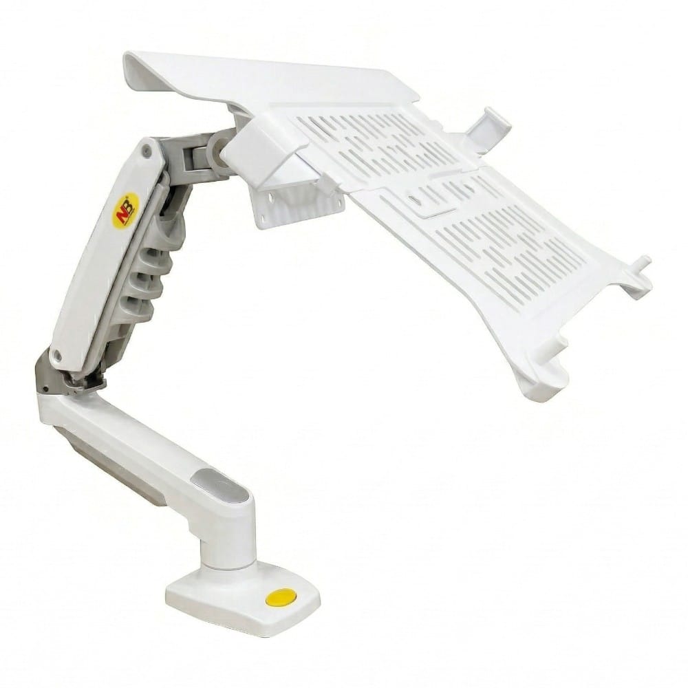 Support PC portable blanc NB Elite Air-Flow avec bras articulé à gaz haute performance et plateau ventilé.