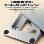 Mode de rangement ultra-compact et pliable du support nomade AeroSteel Pro de Bureau Cosy, idéal pour se glisser dans un sac d'ordinateur.