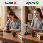 Avant/Après : Correction de la posture et soulagement des cervicales avec le support pour tablette TabFlex Pro.