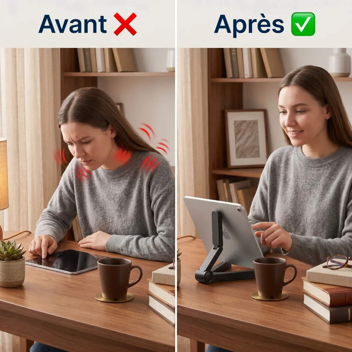 Avant/Après : Correction de la posture et soulagement des cervicales avec le support pour tablette TabFlex Pro.