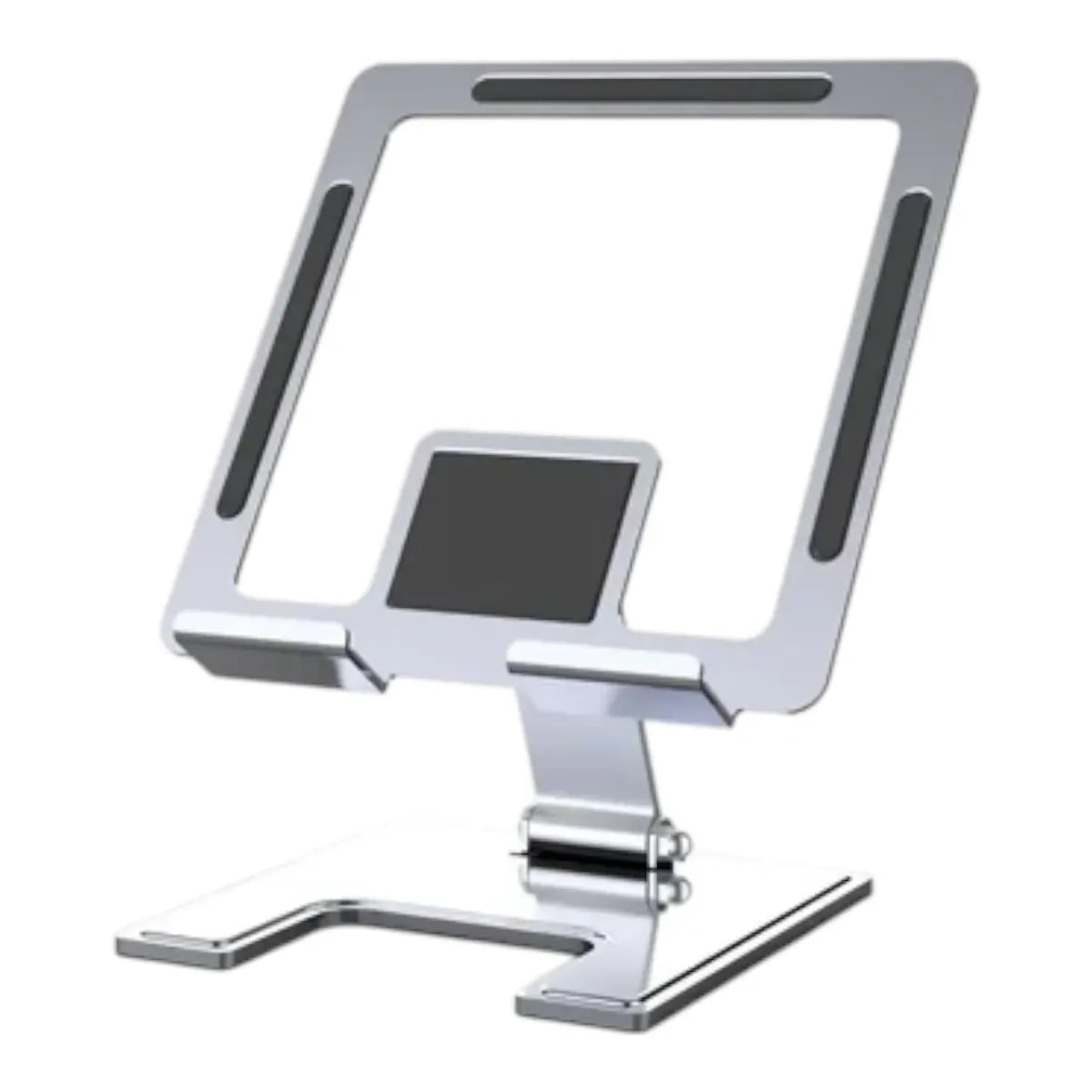 Support pour tablette ErgoPad X argent, socle pliable et orientable en aluminium.